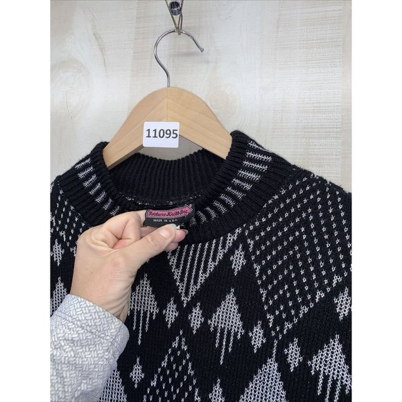 Vintage 90s Fortune Knits USA Black Silver Geometric Long Sleeve Womens Sweater - Picture 2 of 7